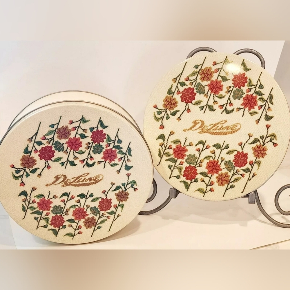 Vintage DeLuxe Needlepoint Flower Design metal tins for Storage -‎ Set Of 2
